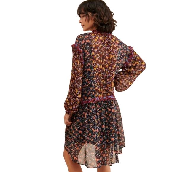 By Anthropologie Helene Black Floral Ruffled Chiffon Semi Sheer Tunic Dress Med. - Picture 11 of 16